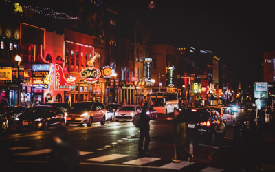 view of Broadway, downtown Nashville at night