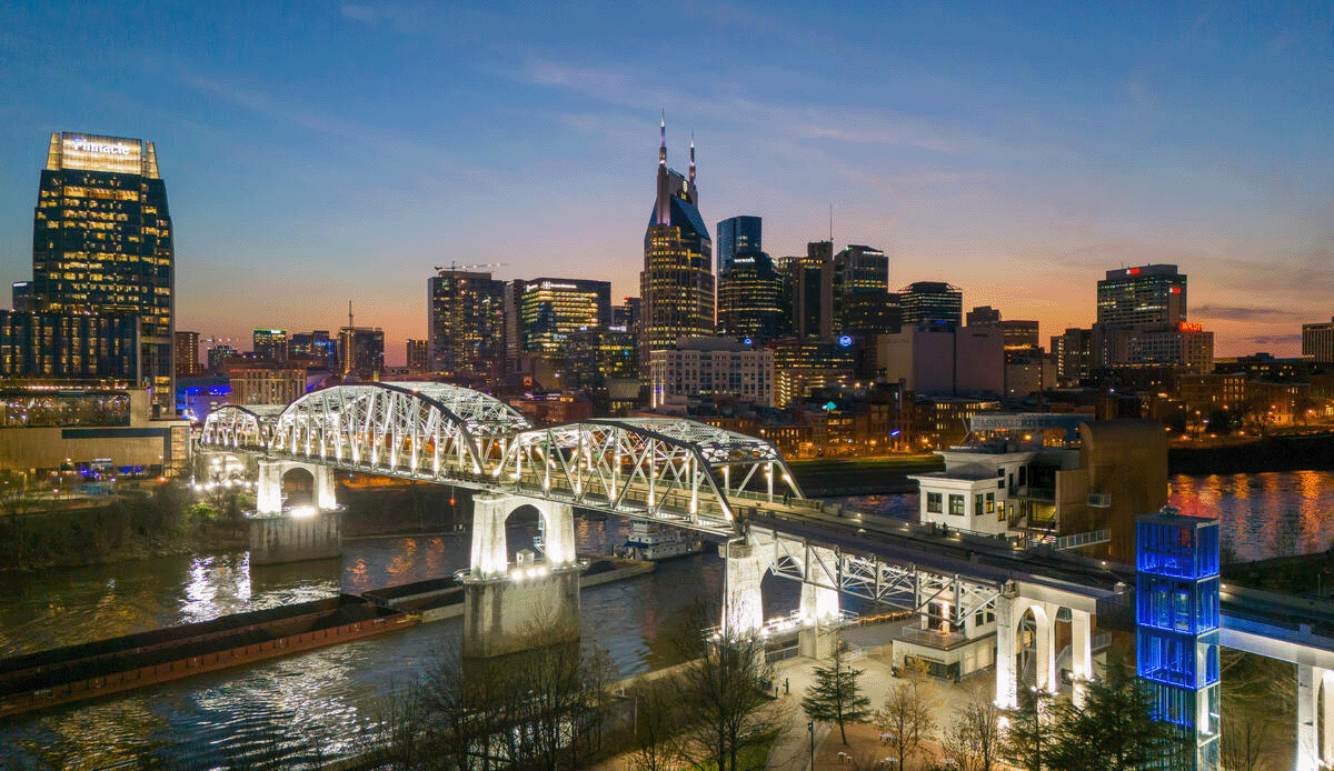 aerial night view of Nashville skyline