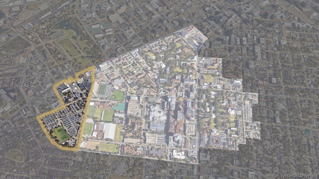 aerial view of Vanderbilt University campus with small area highlighted in gold