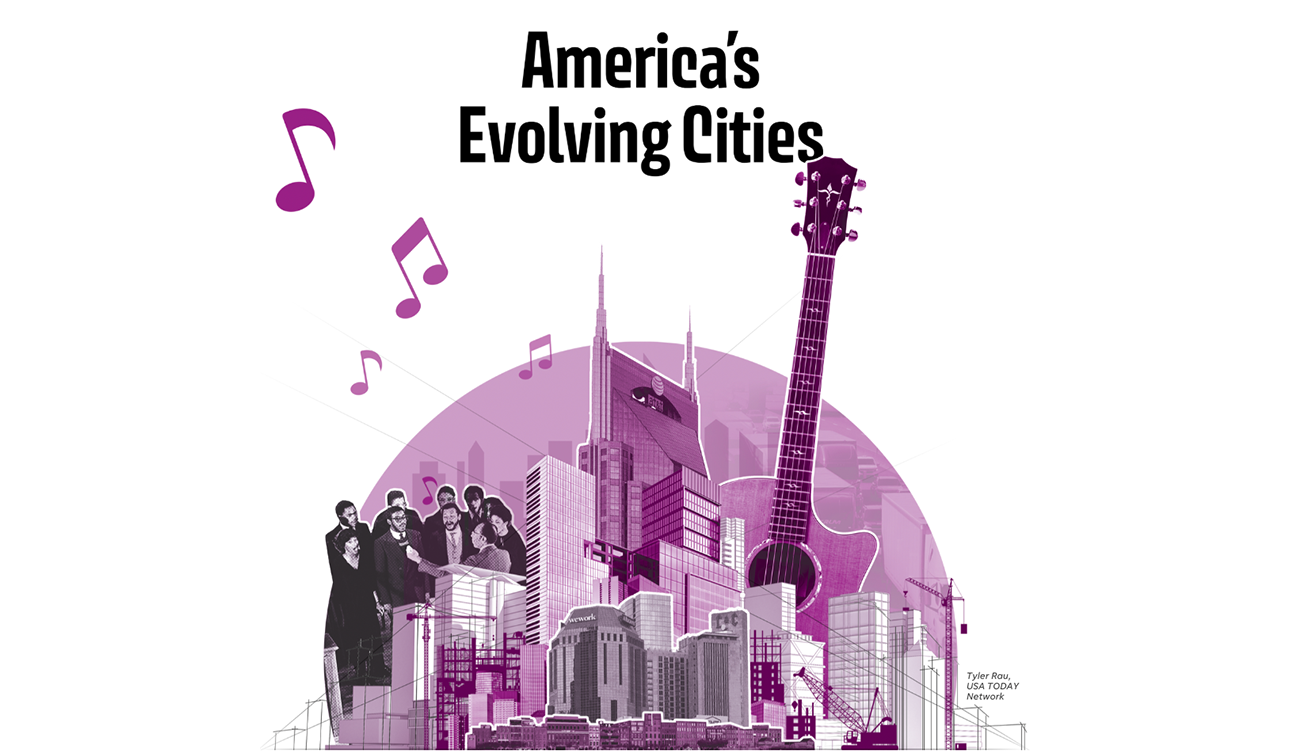 Illustration of Nashville skyline with guitar, music notes, and singers, symbolizing urban growth and cultural identity. Credit: Tyler Rau, USA TODAY Network