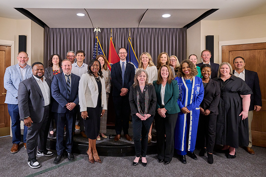 Group photo at a press conference in the Nashville Mayor's Media Room with Mayor Freddie O'Connell, Sally Parker, Valerie Singer, and others