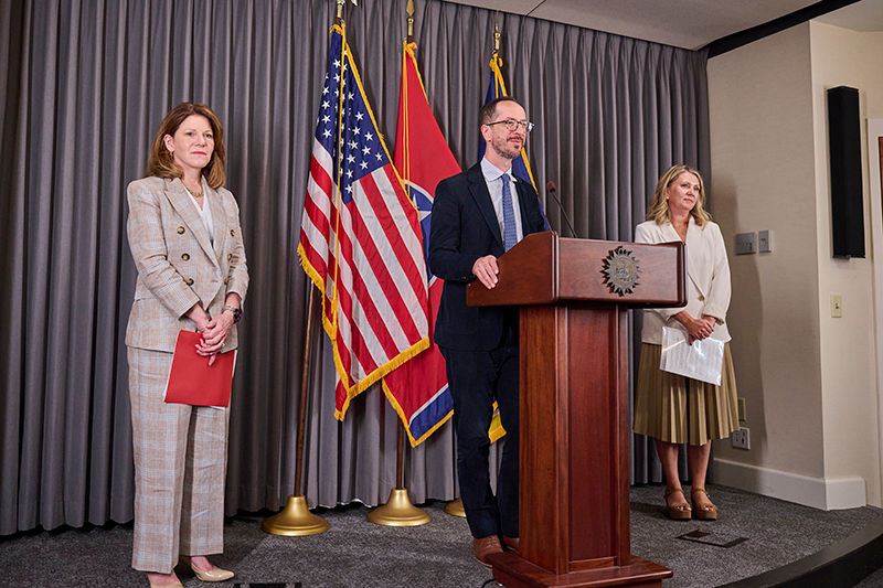 Valerie Singer, Nashville Mayor Freddie O'Connell, and Sally Parker at the AWS Skills to Jobs Tech Alliance press conference on Oct. 1, 2025