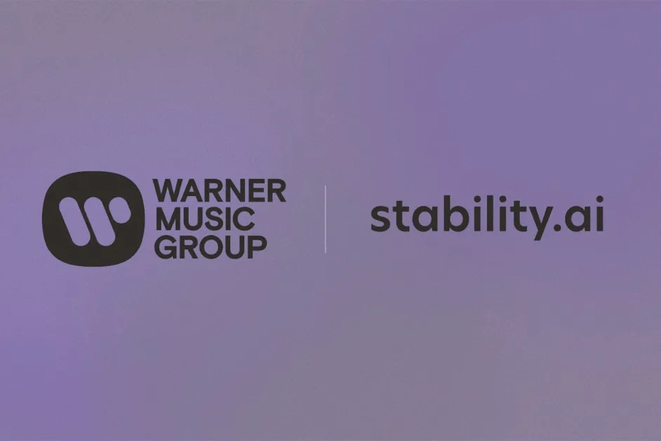 Logos for Warner Music Group and Stability AI displayed side by side on a purple gradient background.