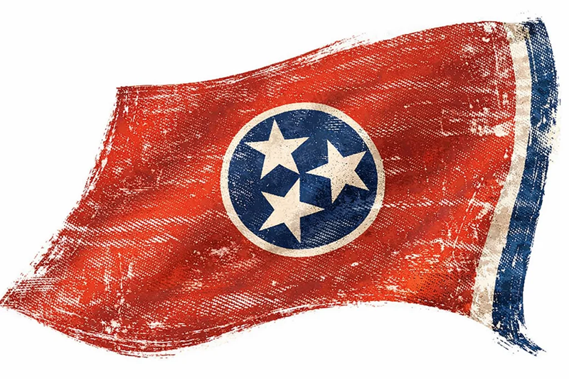 Illustrated Tennessee state flag waving, featuring three white stars in a blue circle on a red field.