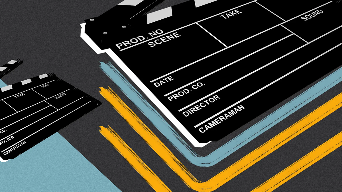 Illustration of film clapperboards with labeled fields like scene, take and director, over abstract colored lines. Illustration: Annelise Capossela/Axios