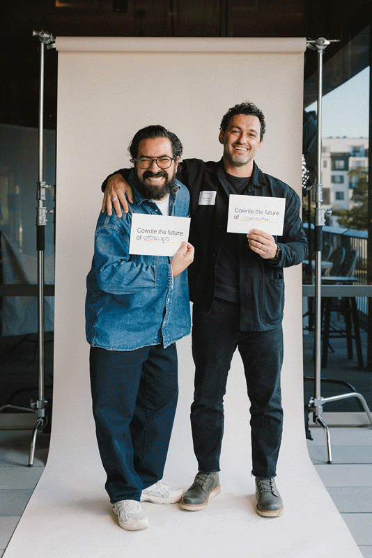 A series of photos of various people posing in a photoshoot, smiling and holding signs reading "Cowrite the Future of ________."