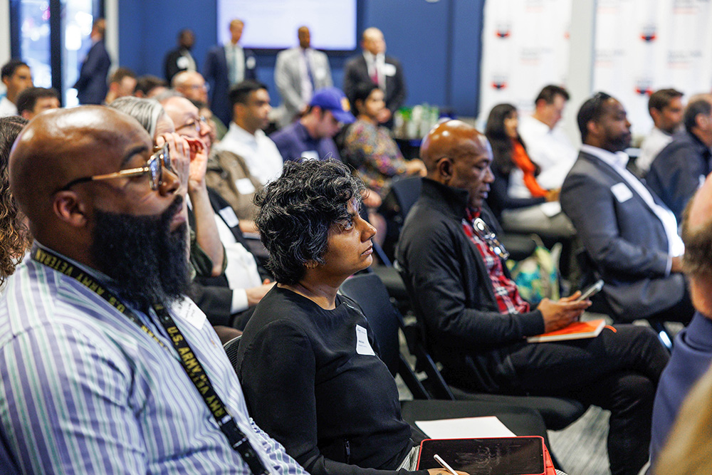 Participants listen to presentations during the inaugural Civic Tech Jam, where Metro Government representatives and university researchers explored technology solutions for Nashville's civic challenges.