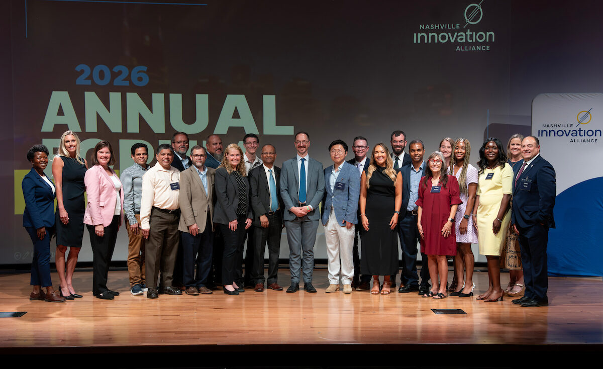 Group photo of the inaugural Civic Tech Jam awardees, Metro Government partners and Nashville Innovation Alliance staff recognized at the Alliance's 2026 Annual Forum.