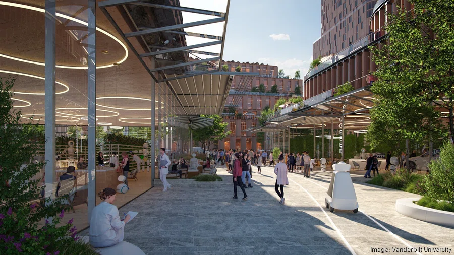 Preliminary conceptual rendering of the Vanderbilt Innovation Neighborhood, showing people gathering among modern buildings, landscaped walkways and open public spaces.